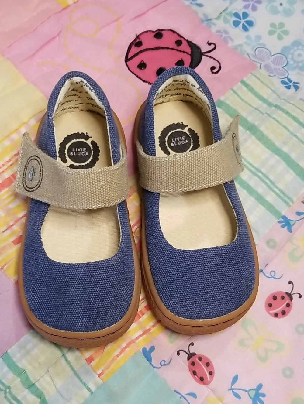 Livie & Luca Blue Canvas Mary Janes with Tan Strap Size 7 Carta II